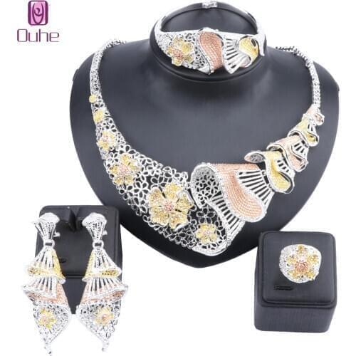 Nigeria Retro Flower Crystal Necklace Bracelet Memorial Day Party Elegant Women Earrings Ring Classic Jewelry Sets