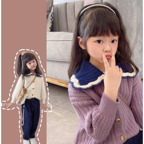 New Childrens Clothing Girls' Lapel Sweater Cardigan Outerwear Doll Collar Knitted Coat Autumn Clothes Childrens Top
