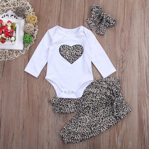 New Lovely Newborn Toddler Infant Baby Girl Romper +Long Floral Pants+Headband 3Pcs Outfit Leopard Heart Clothes Sets