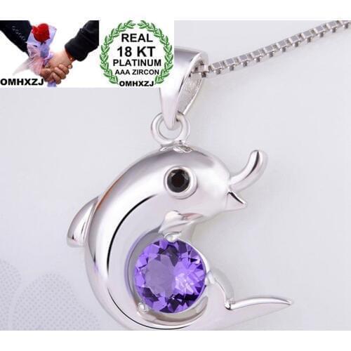 OMHXZJ Wholesale European Fashion Woman Girl Party Wedding Gift Amethyst AAA Zircon 18KT White Gold Necklace Pendant Charm CA254