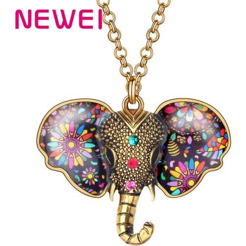 Newei Alloy Plated Antique Gold Floral Elephant Necklace Cute Jungle Animal Pendant Jewelry For Women Girls Fashion Gift Charms