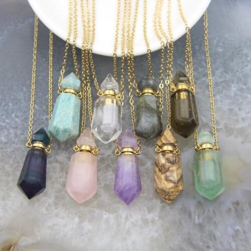 Natural Gems stone Faceted Prism Perfume Bottle Pendants Necklace,Cut Crystal Essential Oil Diffuser Vial Hexagon Points Charms