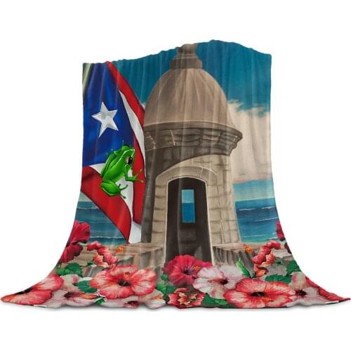 Puerto Rico Flag Frog Hibiscus Throw Blanket for Sofa Christmas Decoration Bedspread Portable Microfiber Flannel Blanket