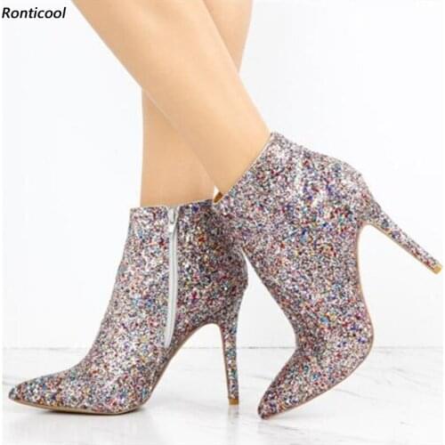 Ronticool 2021 Fashion Women Winter Ankle Boots Stiletto High Heels Pointed Toe Gorgeous Multi Shoes Women Plus US Size 5-15