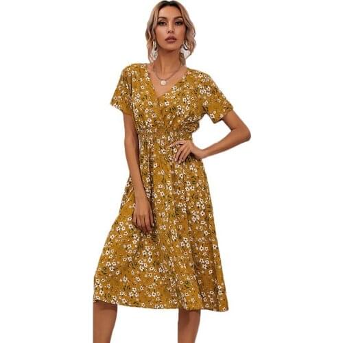 Summer 2021 Red Floral Printing Chiffon Beach Dress Casual V-neck Short Sleeve A-line Womens Midi Beach Party Dresses Vestidos