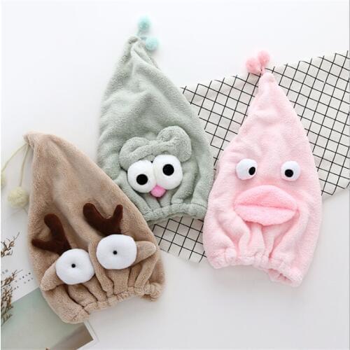 Microfiber Women Bathroom Hair Towel Quick-Dry Hair Hat Turban Super Absorbent Head Wrap Shower Cute Cartoon Hat