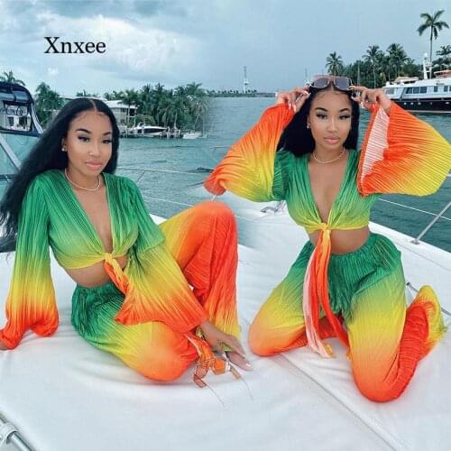 Crop Tops Drape Wide Leg Trousers Long Flared Sleeve Sexy Lace Up Gradient Printed Casual Straight Pants Ruched Two Piece Set