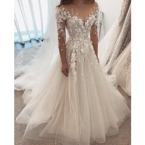 Gy Illusion 3D Flower Vintage A-LINE Wedding dress Off the Shoulder Long sleeve New veil Top Bridal gown Vestido De Noiva dress