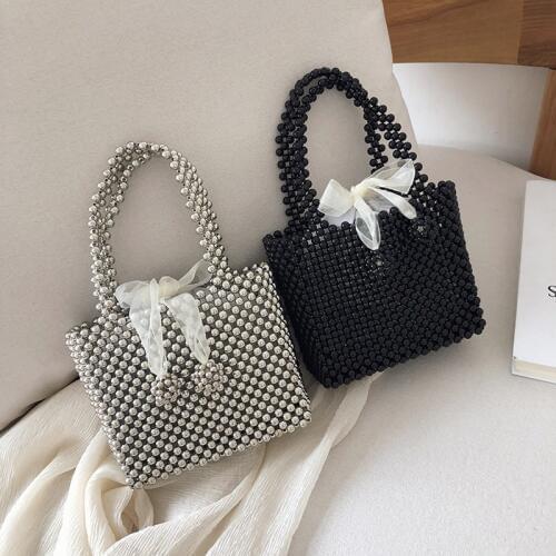 Handmade Womens Pearl Bag Hand-knitted Beaded Handbag Bead Shoulder Crossbody Bag Evening Clutches Purses Ladies Hand Bags