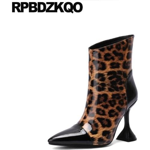 Leopard Print Stiletto Big Size Ankle Pointed Toe Slip On High Heel 11 Shoes Waterproof Winter Boots Women Patent Leather Plus