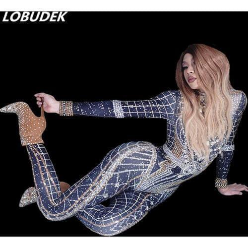 3D Printed Full Rhinestones High Neck Skinny Jumpsuit Occident Women Singer Stage Wear Stretch Crystal Rompers Nightclub Costume