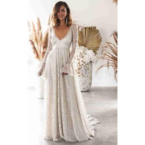 Women Sexy Deep V-neck Hollow Out Long Sleeve A-line Long Dress Elegant Solid Floral See Through Lace Floor-length Dress