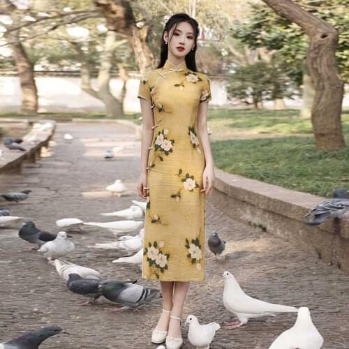 Yellow Qipao Dresses Flowers Vintage Cheongsam Long Lady Summer Printing Chipao Dress Chinese Wedding Evening Dress Women