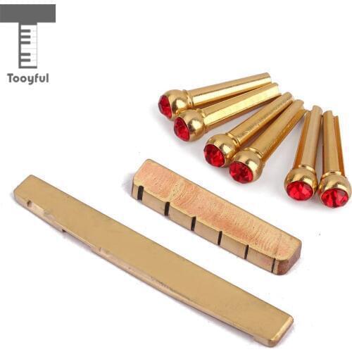 Tooyful Brass Slotted Saddle Nut with Red Opal Bridge Pins Set for Acoustic Folk Guitar Accessory