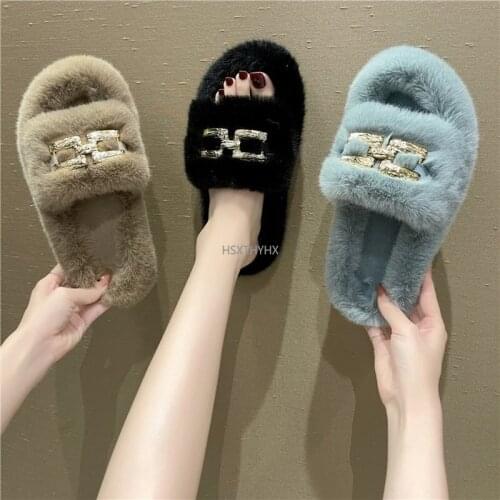2021 Winter Double-layer Fox Fur Comfortable and Casual, All-matched Strap Slippers Outdoor Flat-bottomed Non-slip Women Sandals