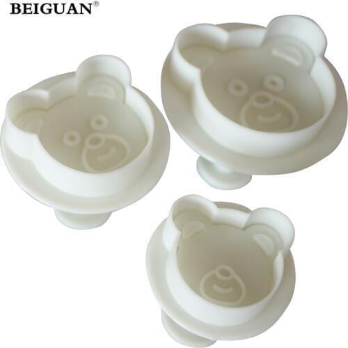 3Pcs/Set Bear Spring Plunger Embossing Baking Mold Cake Decorating Mold Cookie Cutters Candy Stamps Set