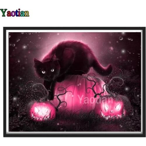 5D Diy Diamond Painting Full Square Black cat and pink pumpkin lantern Mosaic Diamond Embroidery Cross Stitch Halloween Decor