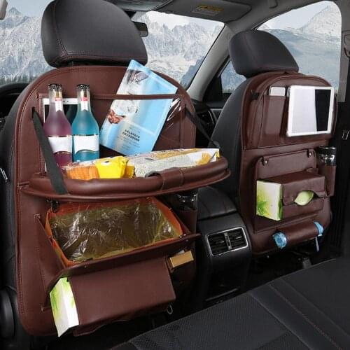 Car Foldable Food Cup Tray Holder Foldable Table Car Seat Back Organizer Leather Storage Basket Bag Hanger Auto Accessories