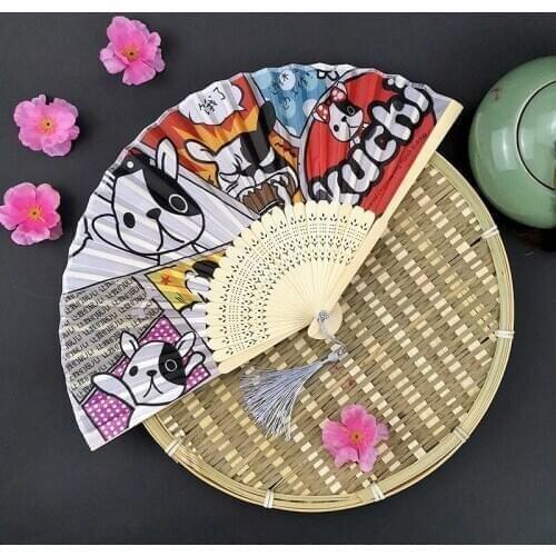 Bamboo cartoon folding hand fan female antique advertising Chinese japanese style female fan eventail a main