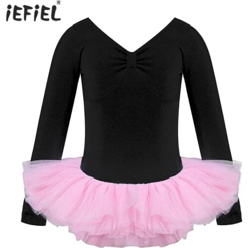 Kids Girls Cotton Long Sleeve Dance Dress Gym Workout Gymnastics Leotard Ballet Tutu Dress Party Cosume Ballet Dancing Clothes