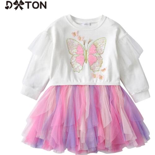 DXTON Long Sleeve Girls Dresses Winter Butterfly Children Dress Sequin Patchwork Tulle Kids Tutu Dress Birthday Party Clothing