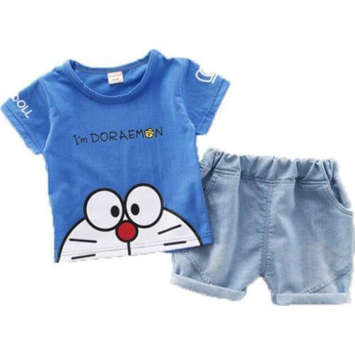 Baby Jeans children short sleeve T-shirt set 2019 summer new cartoon male and female two-piece set