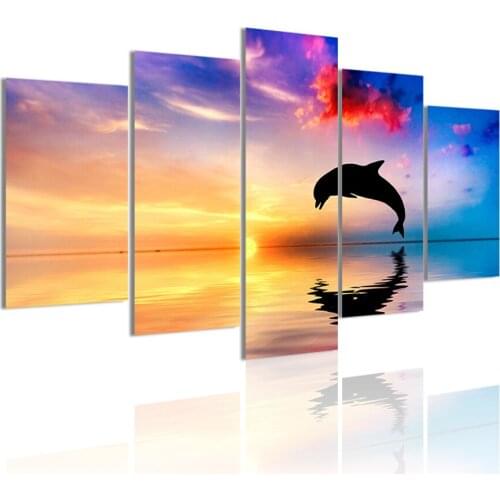 Dolphin Jumping Out Of Water Sunset 5 Panels DIY Wood Frame Canvas Painting Poster Wall Art Print Picture Living Room Home Decor