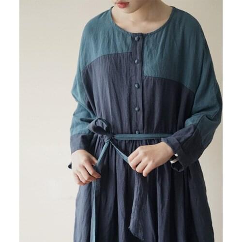 SCUWLINEN 2020 Women Spring Ramie Cotton Dress Vintage Patchwork Long-sleeve Loose Long Dress Artsy Robe Vestidos P217