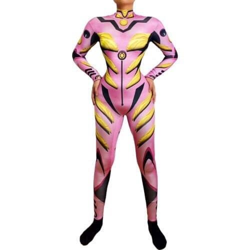 Pink Women Jumpsuits Cartoon Robots Machine Cosplay Costumes 3D Pattern Printing Stretch Jumpsuit Halloween Party Stage Clothes