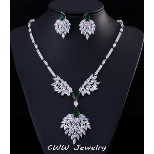 High Quality Green Zirconia Rhinestone Fashion Jewellery Wedding Jewelry Sets Long Crystal Drop Bridal Necklace And Earring T234