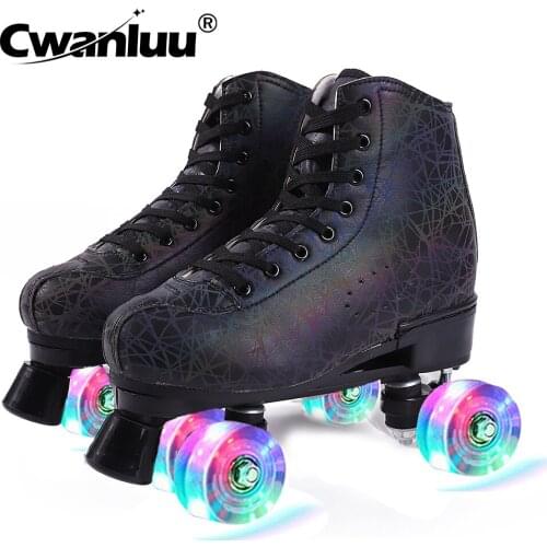 3D Black Printing Roller Skates Quad Sneakers Woman Man Children 4-Wheels Microfiber Leather Skating Shoes Patines Europe 35-45