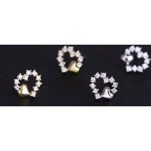 Simple Female Small Heart Crystal Earrings Real 925 Sterling Silver Gold Stud Earrings For Women Cute Hollow Wedding Earrings