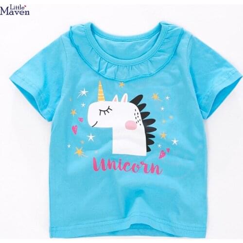 Little Maven Children 2021 Summer New Baby Girl Tops Kids Summer 2-7 Years Clothes Unicorn Print Brand Cotton Blue T Shirt QW060