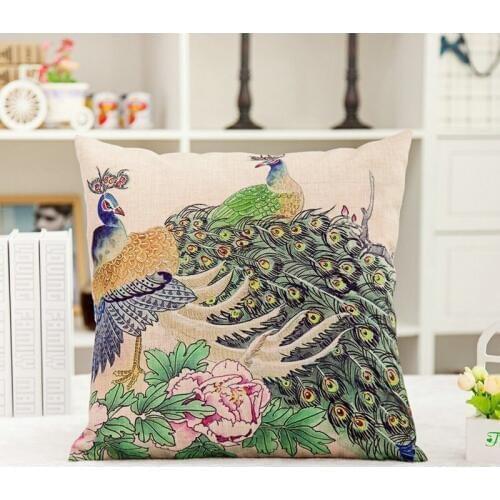 Fashion High Quality Linen Pillow Cover Decorative Peacock Feather Printed Animal Throw Pillowcase Home Office 45x45cm