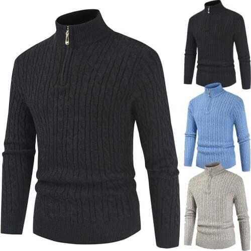 New Fashion Autumn and Winter Mens Thick Warm Pullover Slim Solid Long Sleeve Turtleneck Sweaters Zip Comfy Bottoming Shirt