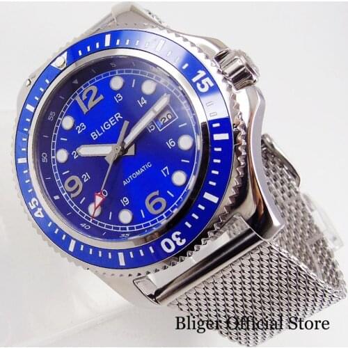 BLIGER Brand 44mm Men Watch Self Winding Wristwatch Blue Dial MINGZHU / MIYOTA Movement Mental Strap Rotating Bezel