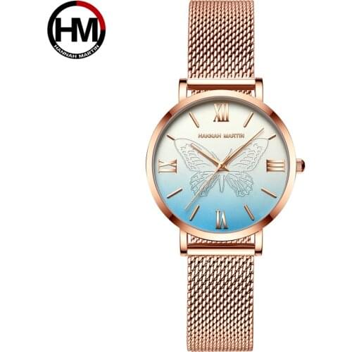 2021New Womens Watch Luxury 3D Butterfly Rose Gold Mesh Strap Japanese Movement Waterproof Quartz Women Wristwatch Montre Femme
