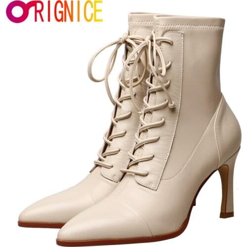 Orignice Simple Women Black Beige Lace Up Ankle Boots Thin High Heel Genuine Leather Sexy Pointed Toe Slip on Party Dress Shoes