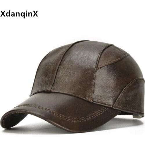 XdanqinX Autumn Mens Genuine Leather Hat Cowhide Baseball Cap Snapback Cap Adjustable Size Male Bone Casual Brand Sports Caps