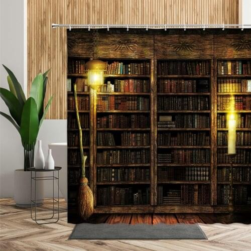 Retro Magic Bookshelf Bath Shower Curtain Vintage Library Book Wood Shelf Europe Style Printed Cloth Bathroom Curtain Waterproof