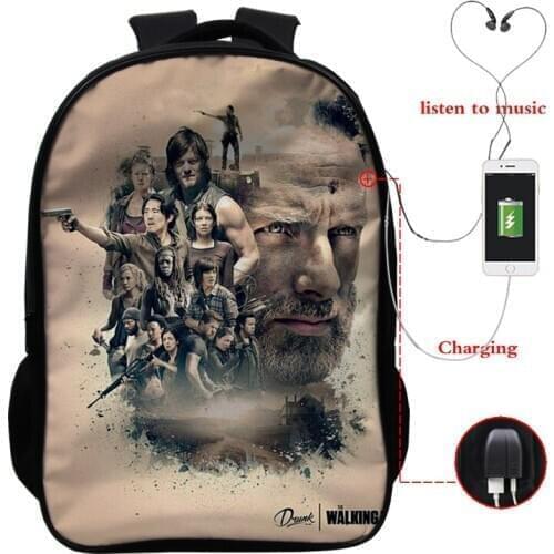 The Walking Dead Backpack USB Charging Horror Movie Printed Teenager Laptop Travel Bag Bagpacks Schoolbag Students Daily Bookbag