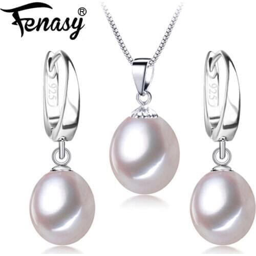 FENASY Brand 925 Sterling Silver Jewelry Sets Natural Pearl Drop Earrings Custom Classic Pendant Chain Necklace For Women
