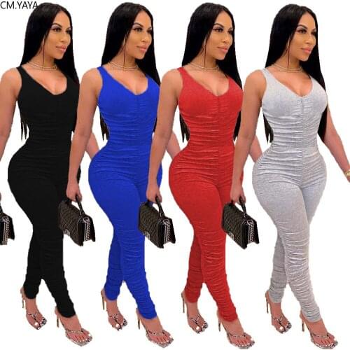 CM.YAYA Women Casual Solid Sleeveless Tank Open Back Stacked Jumpsuit Sexy Party Club Night One Piece Overall Romper Playsuit