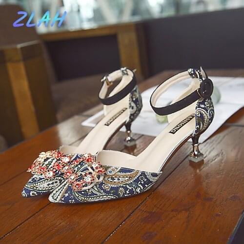 Womens Fashion Crystal Stilettos Zlah Wedding Shoes Sexy Pointed High Heels Red Party Ankle Strap Ladies Sandals Women Pumps