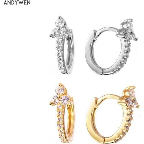 ANDYWEN 925 Sterling Silver Three Zircon Small Huggies Earring Women Mini Hoops Circle Piercing Pendiente Jewelry 2020 Best Gift