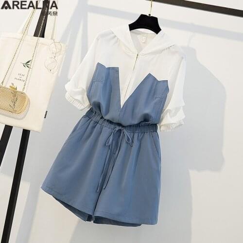 Summer jumpsuit 2021 Women Blue jumpsuits Hooded Patchwork Lace up short sleeve loose plus size Romper Playsuit Sweet Outfits
