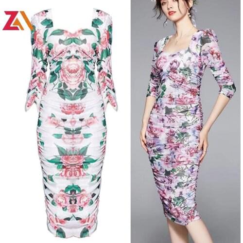 ZALady Designer Traf Sexy Bodycon Midi Dresses For Women Summer Light Elegant Floral Printed Slinky Dress Robe Femme Vestidos