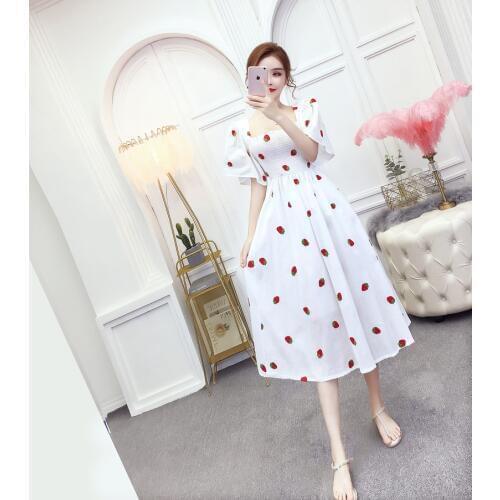 Womens dress 2020 summer new Korean version of strawberry embroidered dress slim slimming dress