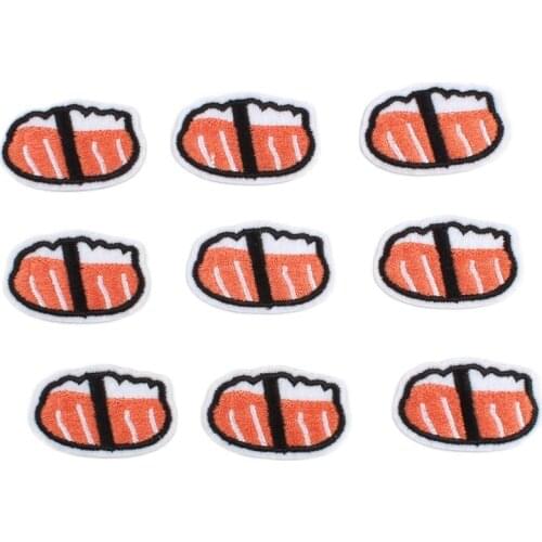 10pcs Cute Mini Sushi Patches Cartoon Foods Appliques Garments Stickers Iron On Embroidery Fabric Appliques For Bags Caps Decors