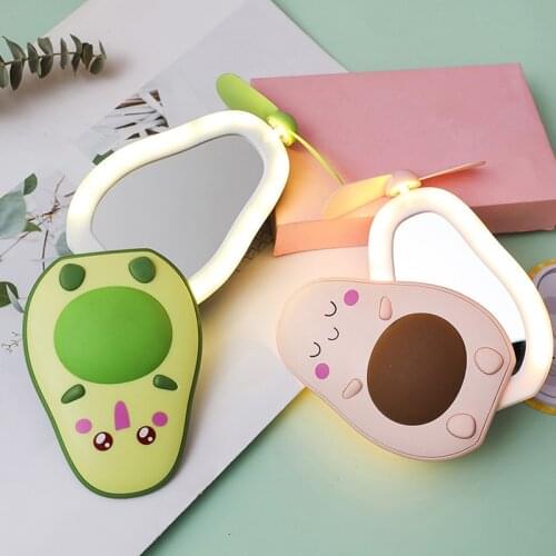 LED Makeup Mirror And Fan 2 In 1 Integrated Cute Avocado Shaped Practical Portable USB Charging Mini Multifunctional Fan 2021